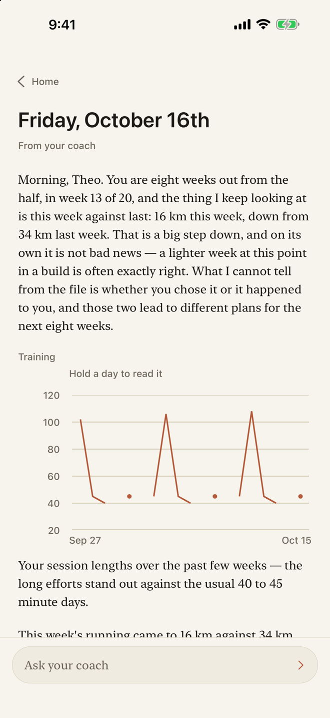 Every morning, a short paper written for you. — How last night and this week sit against your own usual, what slipped, what to try next - with the chart that shows it, and what it would take to know more.